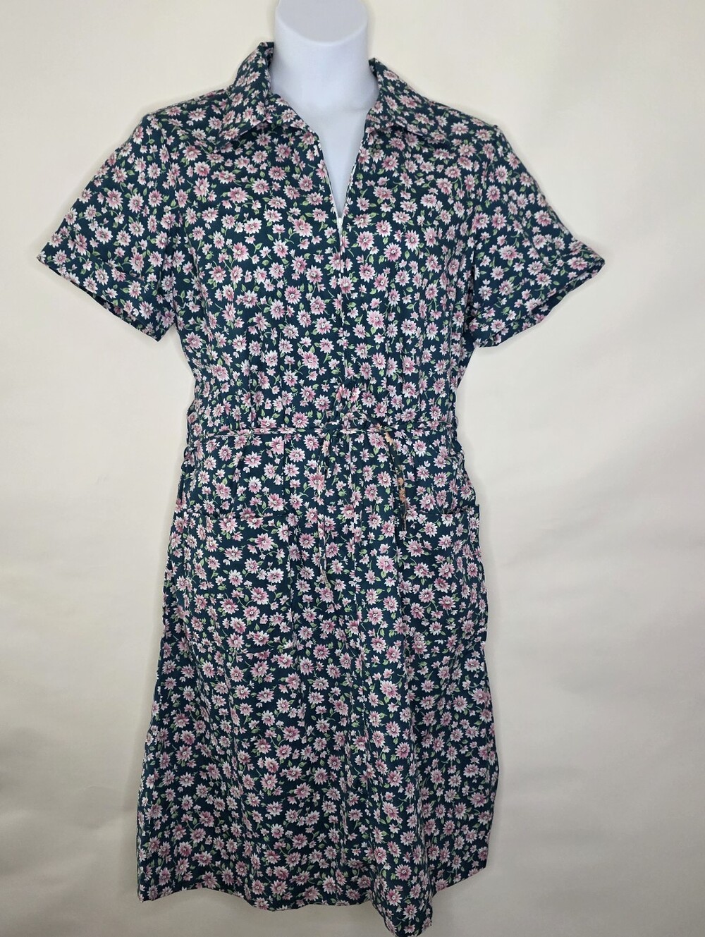 Vintage Sears Floral Belted Dress Size 18 Zip & Dash Front Pockets Cotton Blend